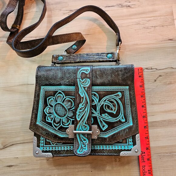 NWOT Patricia Nash Stella Flap Brown and Turquoise Handbag - Picture 13 of 15